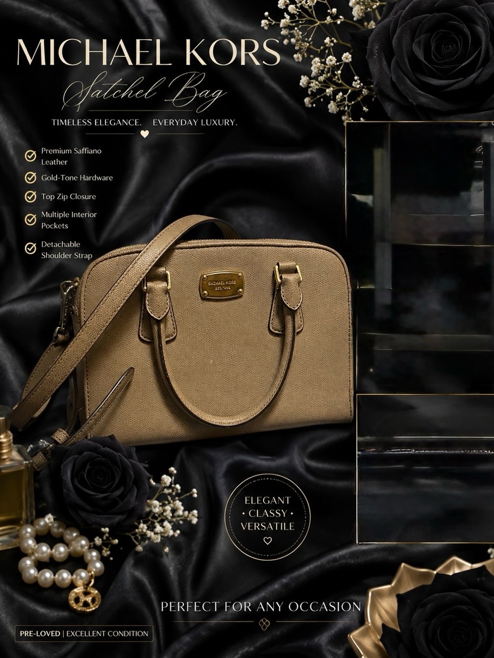 Michael Kors Beige/Tan Saffiano Satchel with Gold Hardware